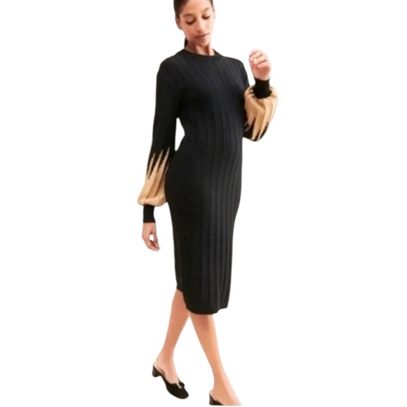 NWT Callahan Melli Black Wide Ribbed Knit Sweater Dress Gold Metallic Sleeves XS - Picture 3 of 12